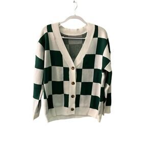 Women's L Cardigan Sweater White/Green Checkered Dropped Shoulder Button-Detail